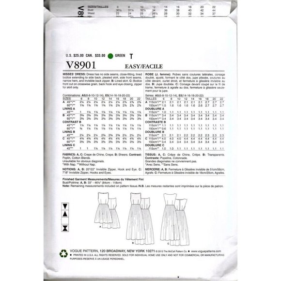 Very Easy Vogue V8901 Misses 6 to 14 Lined Dress Uncut Sewing Pattern - Picture 2 of 2